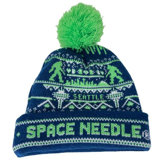 Seattle Space Needle Souvenir Beanie Hat OS Blue Green Knit Stylish Pom Pom - Picture 2 of 7